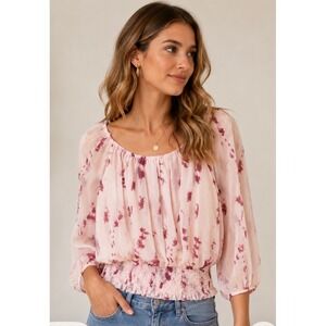 Colleen Lopez Pink Tie Dye Chiffon Peasant Blouse Smocked Waist Top‎ Medium